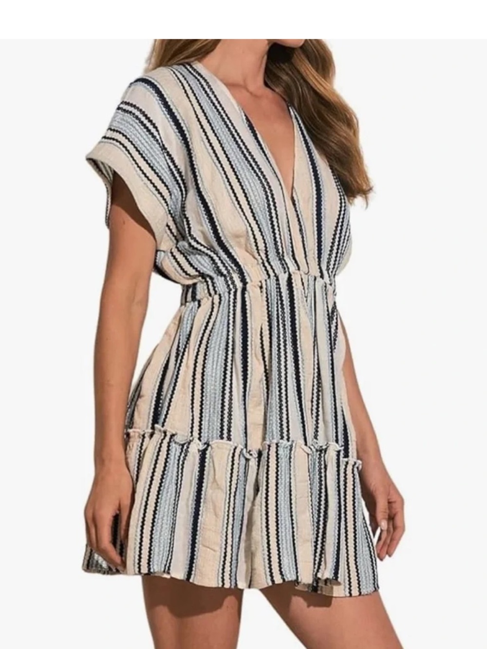 Elan VNECK Embroidered Cream and Navy Striped Swim Coverup ❤️❤️